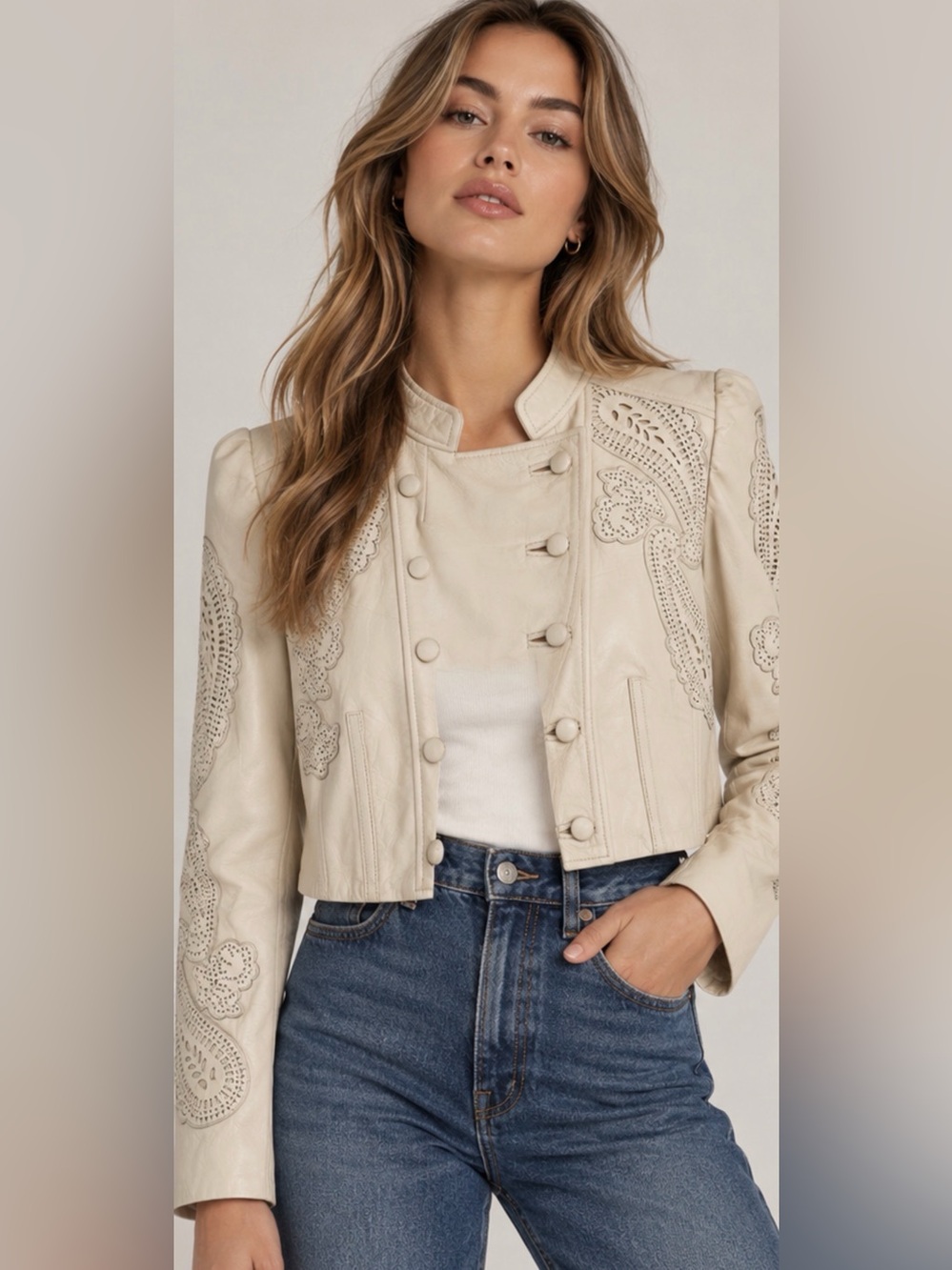 Zara Leather Napoleonic Jacket L Cream Paisley Military Boho Cropped